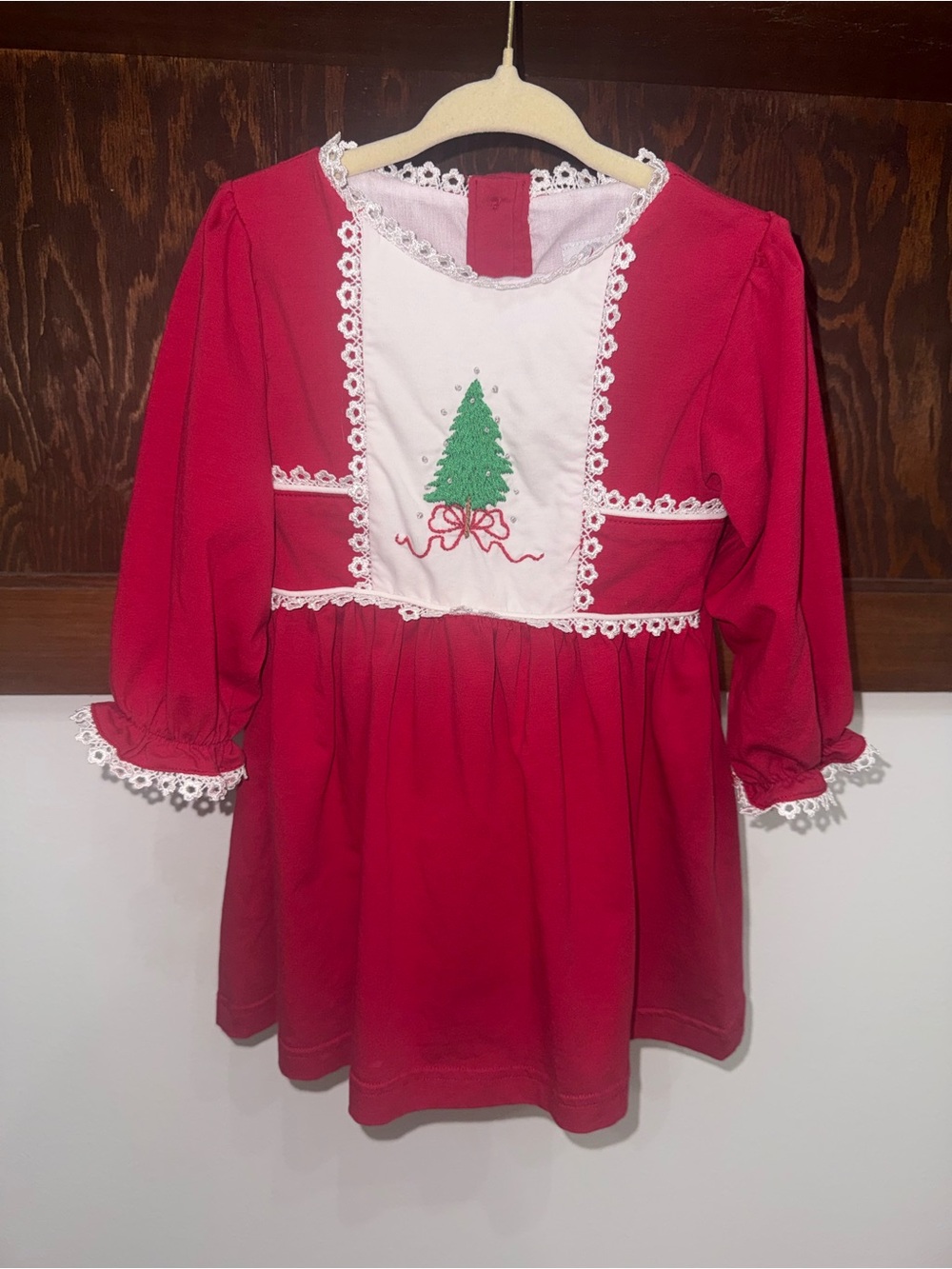 Fox & Fawn Red Dress with White Bib and Green Tree Embroidery